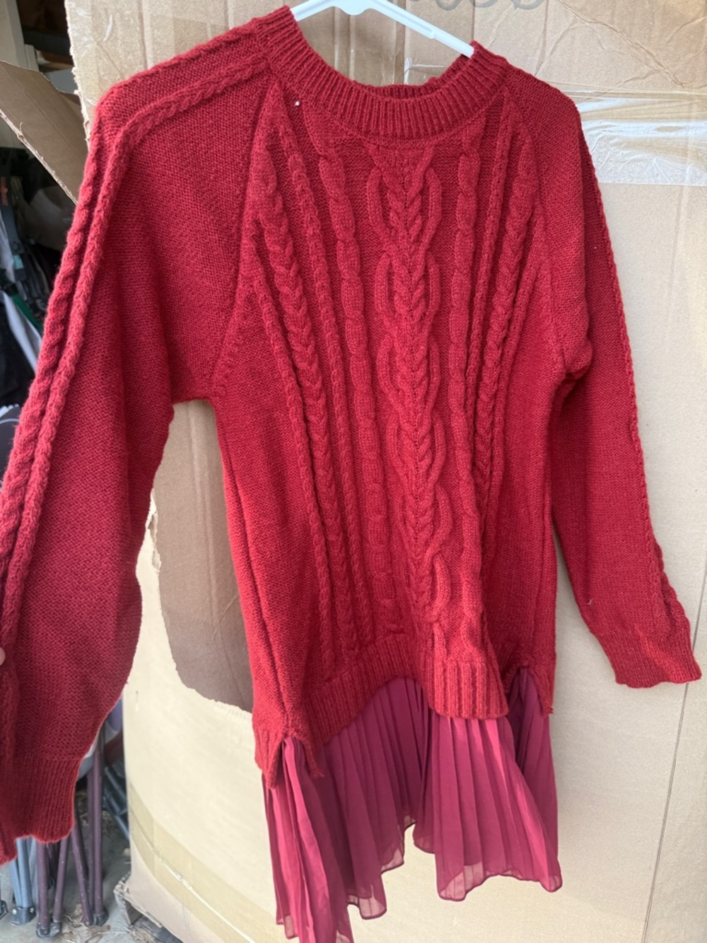 Women's Red Cable Knit Sweater with Pleated Hem